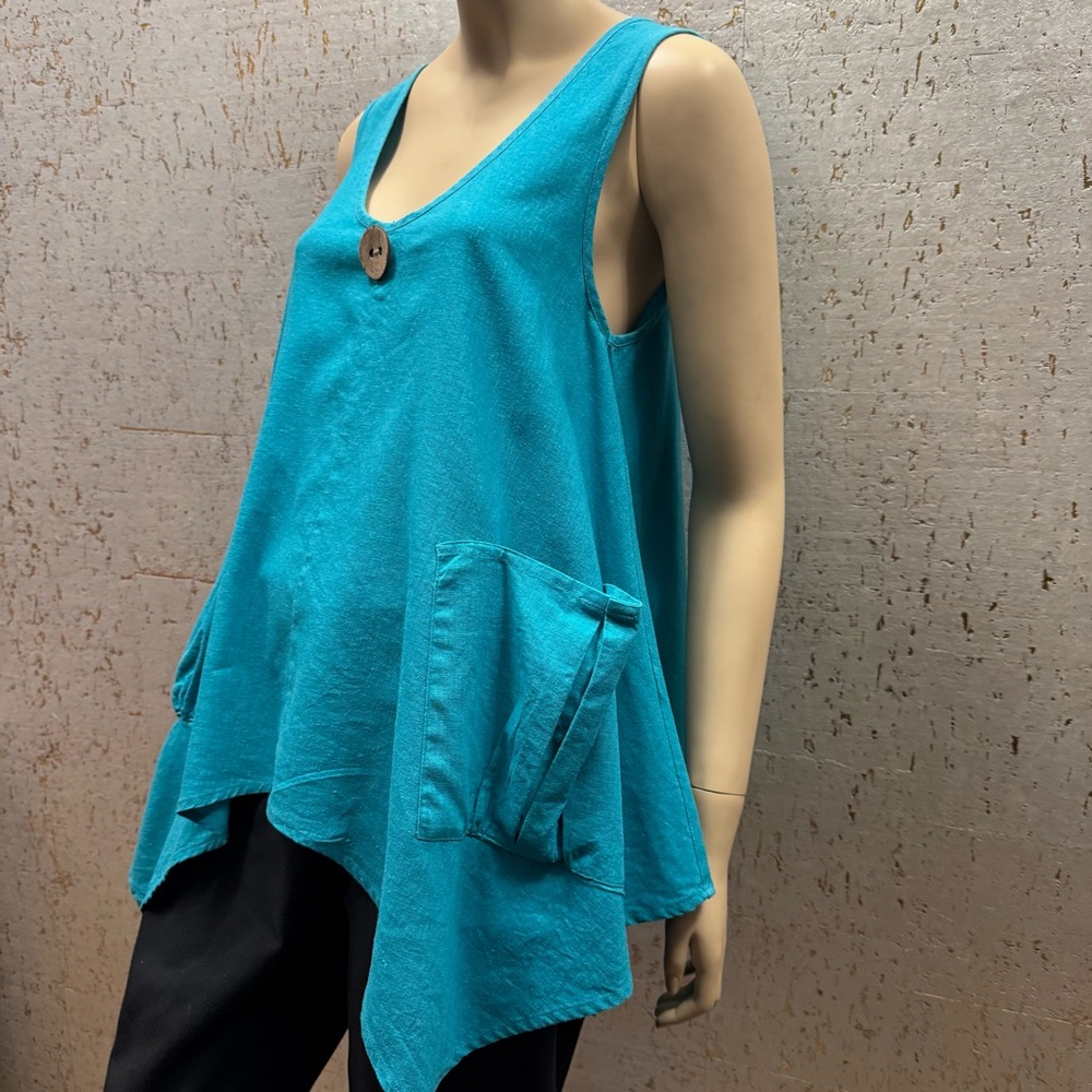 For Cynthia Blue Asymmetrical Oversized Tunic Tank Top Turquoise - Picture 2 of 11
